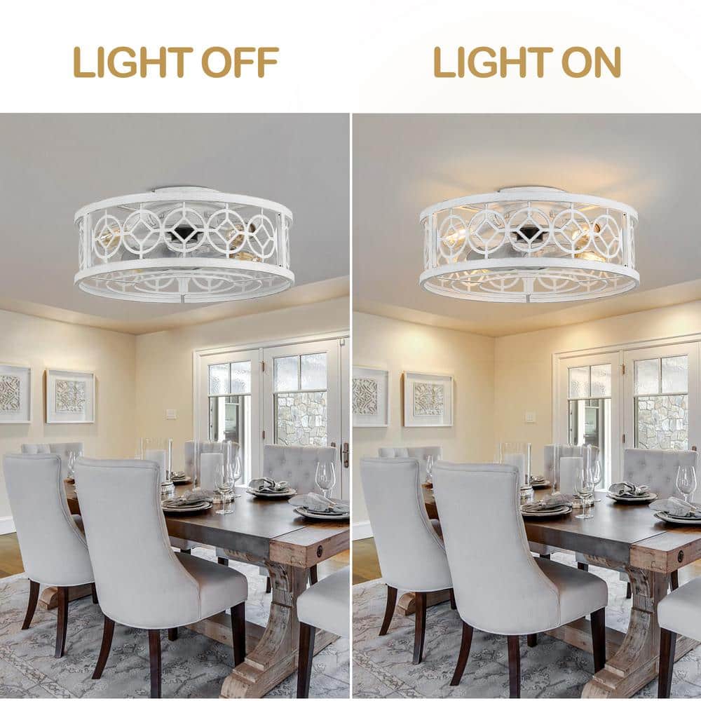 12 in. Span 20 in. Farmhouse Indoor Distressed White Ceiling Fan with Lights, Rustic Flush Mount Fan Lights w/Remote - Hercitys