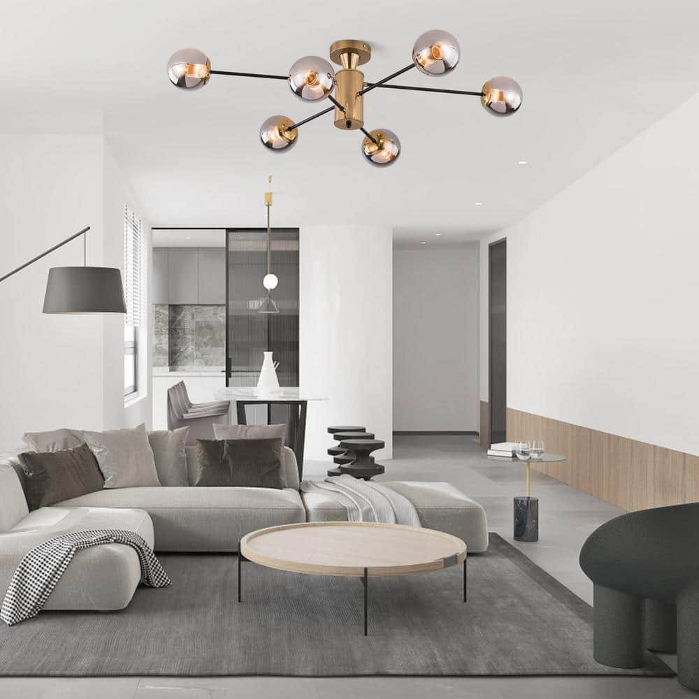 38.1 in. 6-Light Gold Modern Sputnik Semi-Flush Mount Ceiling Light with Smoky Grey Glass Shade, No Bulbs Included - Hercitys