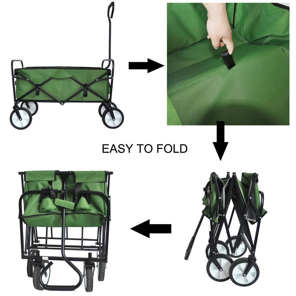3.44 cu. ft. Grass Green Metal Folding Garden Cart with Side Pockets, Reflection Belt and Adjustable Handles - Hercitys