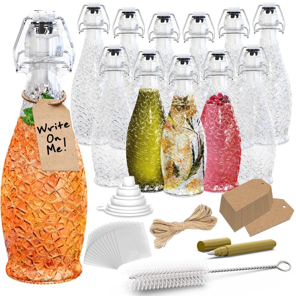 17 oz. Textured Teardrop Swing Top Glass Bottles with Funnel, Bottle Brush, Tags, Shrink Wrap and Marker (Set of 12) - Hercitys