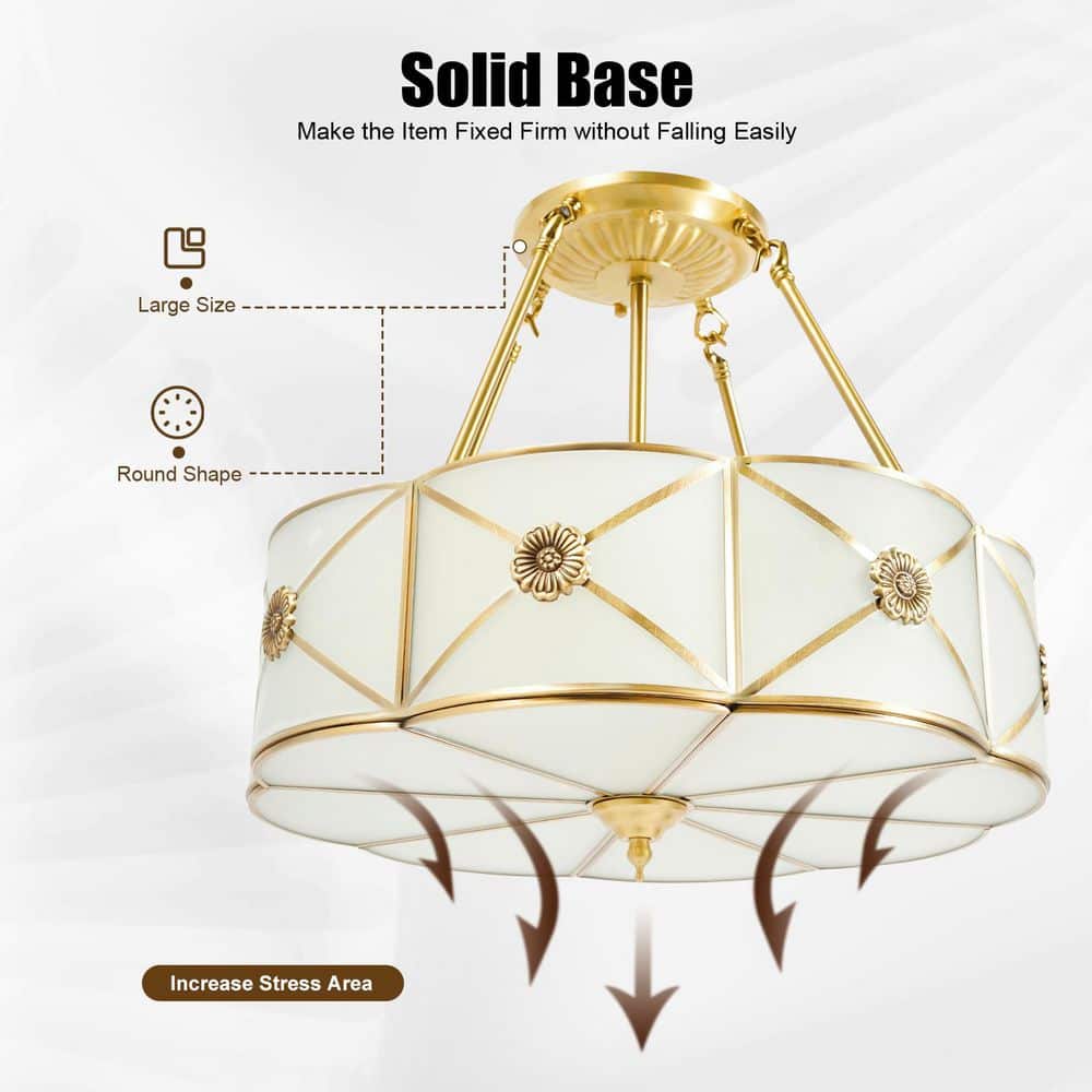 18 in. 4-Light Classical Style Gold Semi-Flush Mount Ceiling Light with Glass Lampshade - Hercitys