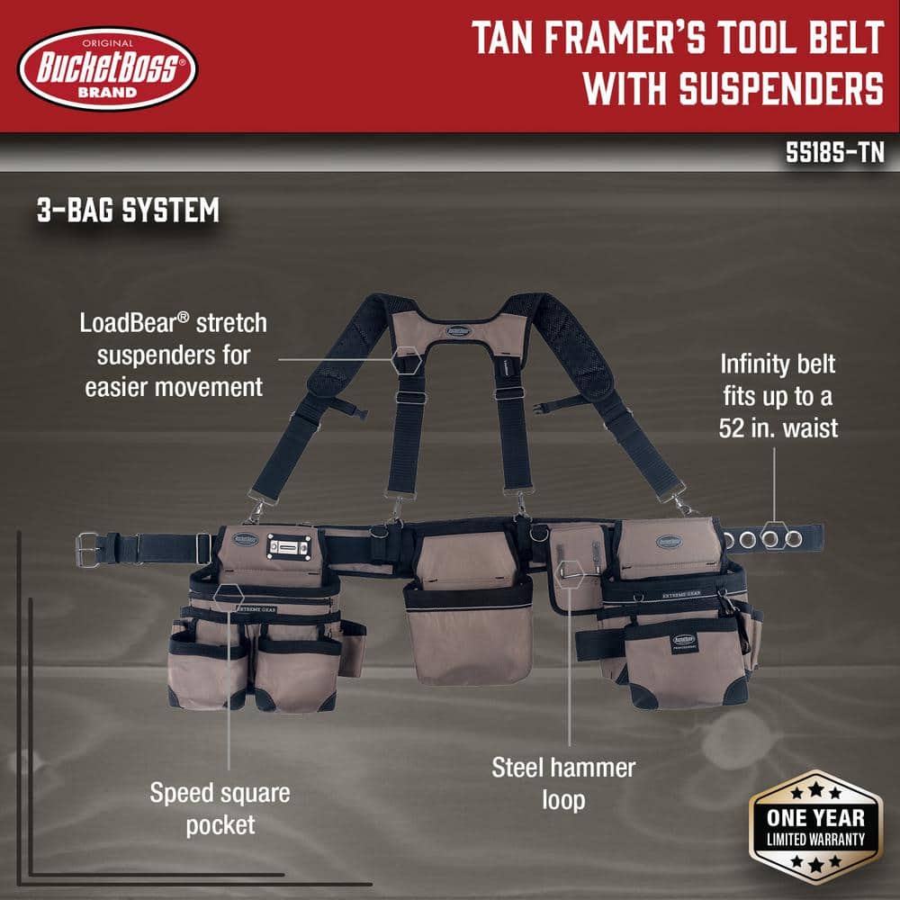 3-Bag Framer’s Suspension Rig Work Tool Belt with Suspenders in Tan - Hercitys