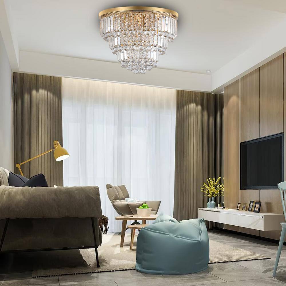 19.70 in. 6-Light Gold Flush Mount with Crystal Shade and No Bulbs Included - Hercitys