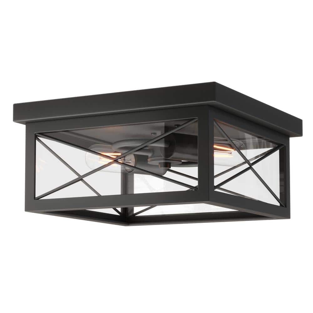12.2 in. 2-Light Industrial Black Flush Mount Metal Farmhouse Close to Ceiling Light Fixture with Clear Glass Shade - Hercitys