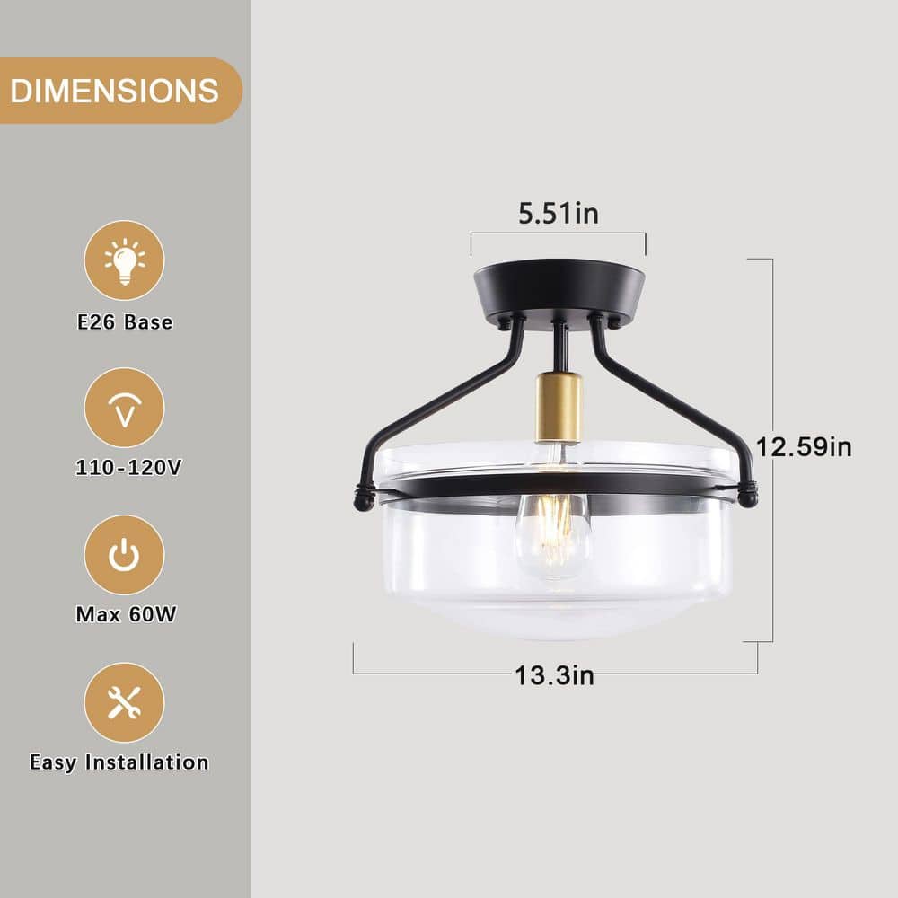 13.3 in. 1-Light Black Modern Semi-Flush Mount Ceiling Light with Glass Shade - Hercitys