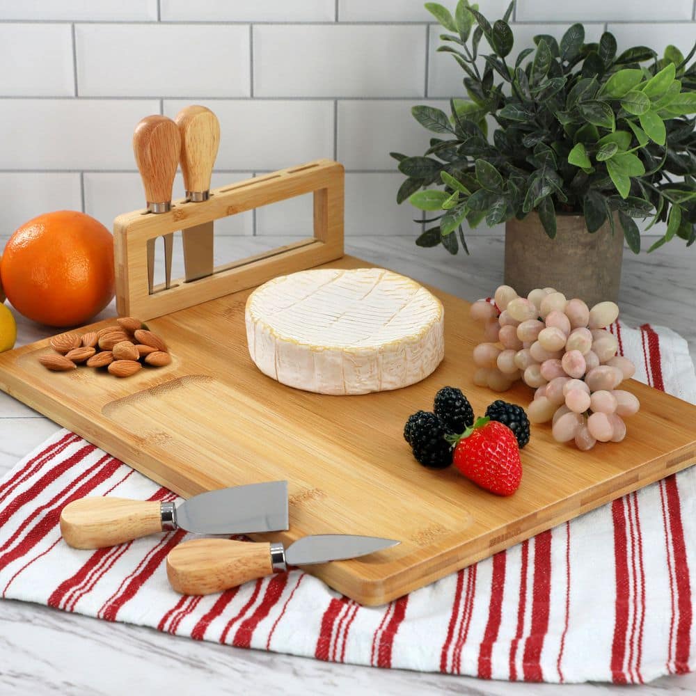 14 in. Bamboo Charcuterie and Cheese Board with Knife Stand Attachment and 4 Piece Knife Set - Hercitys