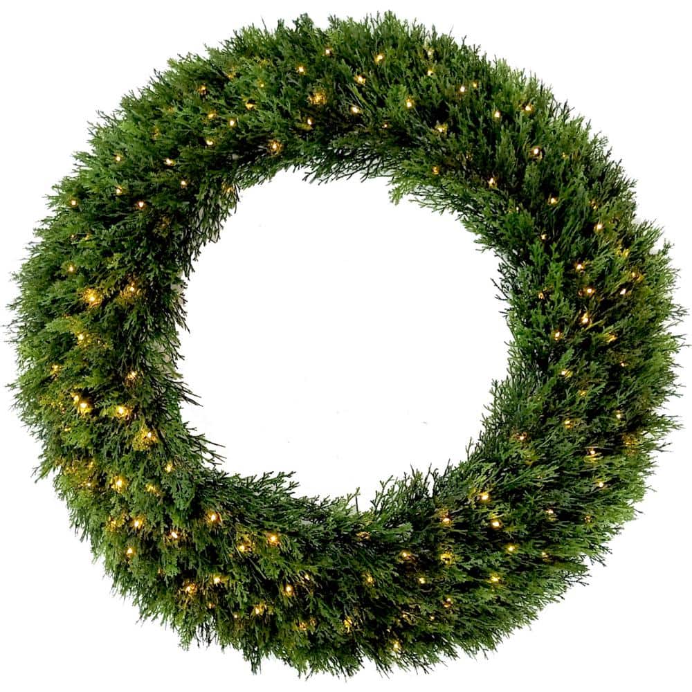 24 in. Dia. Wreath Cedar 70 LED Warm White Lights Battery Operation - Hercitys
