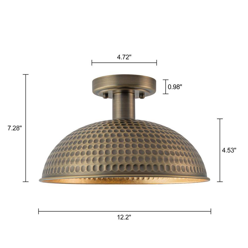12.2 in. 1-Light Antique Brass Semi-Flush Mount Ceiling Light with Dome Metal Shade - Hercitys