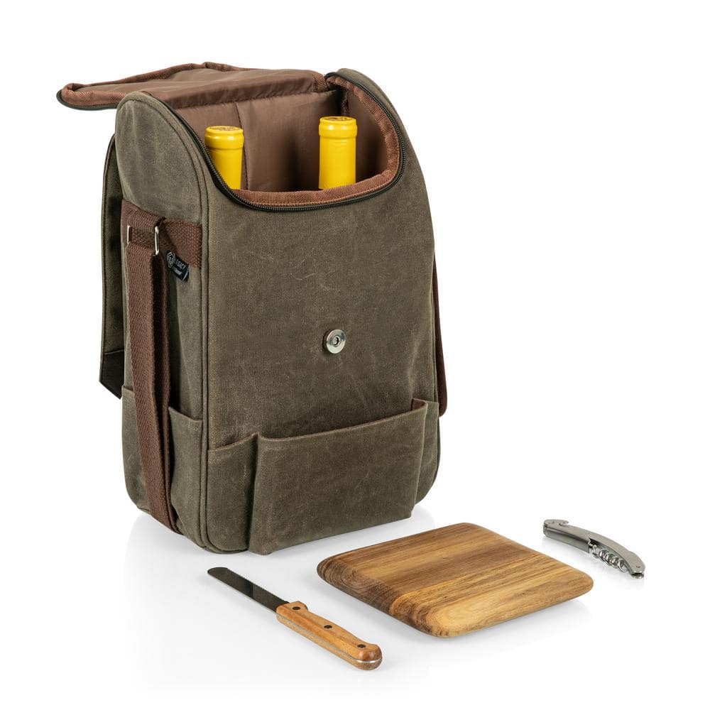 2-Bottle Khaki Green Waxed Canvas Wine Cooler Bag and Cheese Board Set - Hercitys