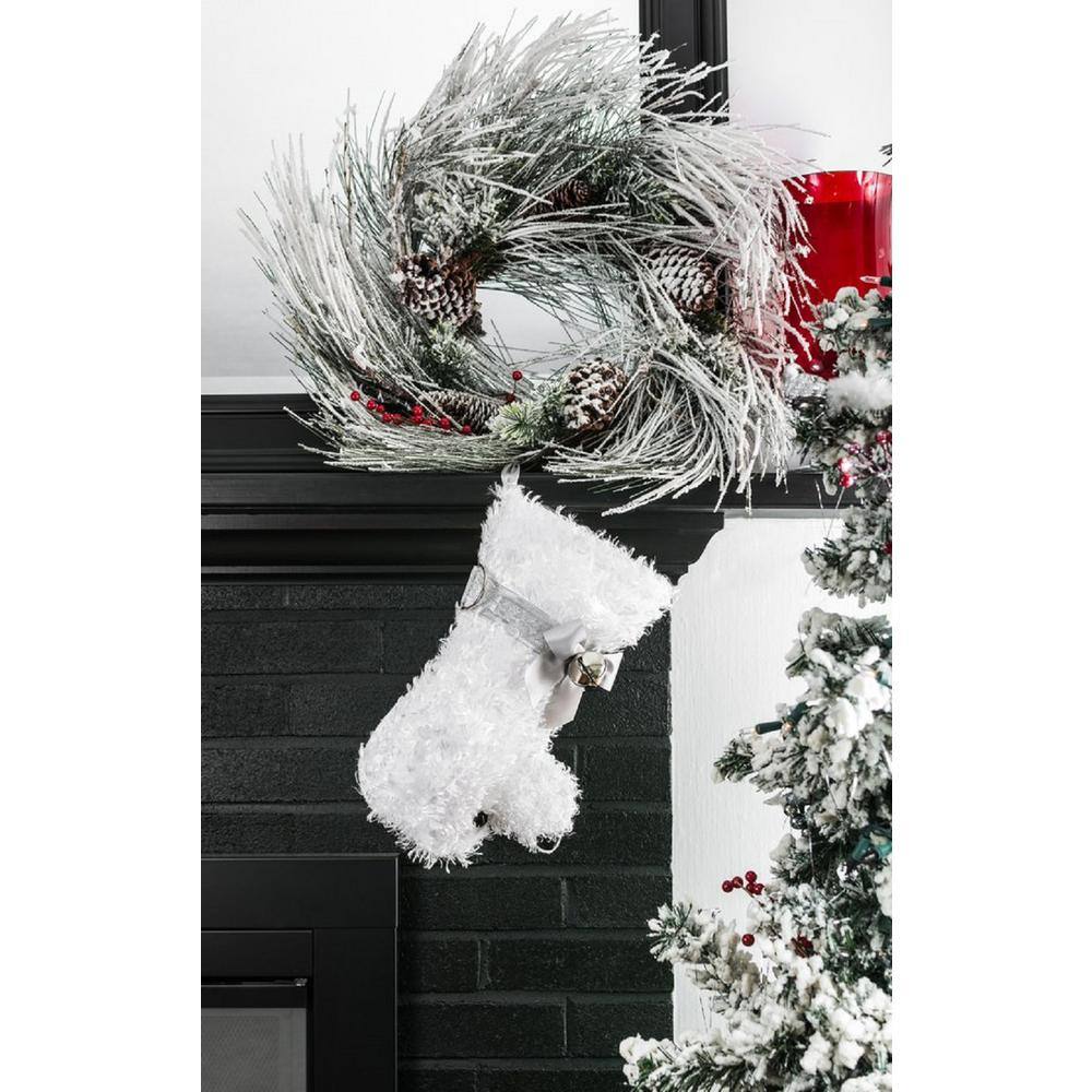 22 in. Snowball White Curly Dog Faux Fur Fabric Christmas Stocking - Hercitys