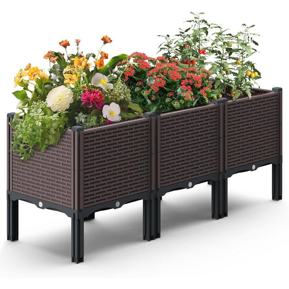 47 in. L x 15 in. W x 19 in. H Raised Garden Bed with Drain Outlet, Brown Polypropylene Planter Box - Hercitys