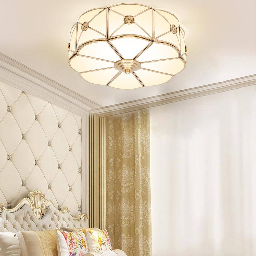 13.78 in. 3-Light Gold Modern Flower Shaped Flush Mount Ceiling Light with White Glass Shade and No Bulbs Included - Hercitys
