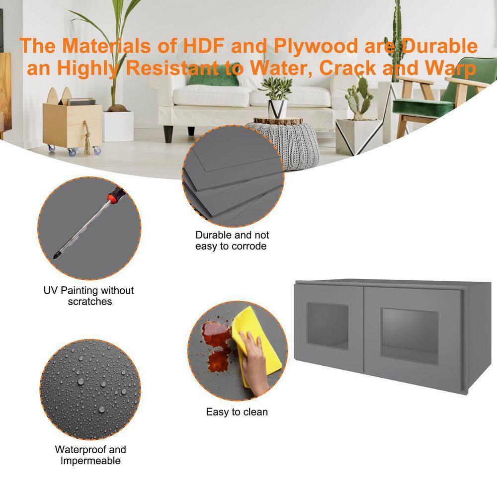 33-in W X 12-in D X 12-in H in Shaker Grey Plywood Ready to Assemble Wall Glass kitchen Cabinet - Hercitys