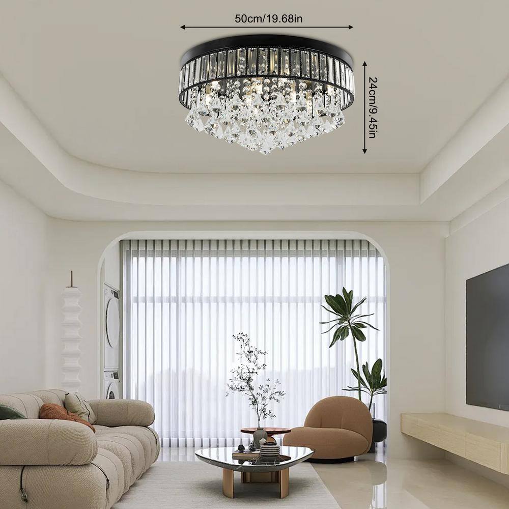19.68 in. 9-Light Black Modern Round Flush Mount Ceiling Light with Clear Crystal Shade and No Bulbs Included - Hercitys