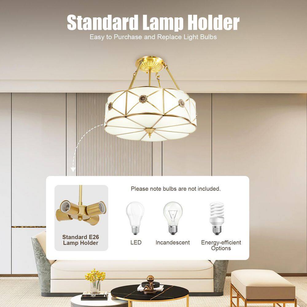 18 in. 4-Light Classical Style Gold Semi-Flush Mount Ceiling Light with Glass Lampshade - Hercitys