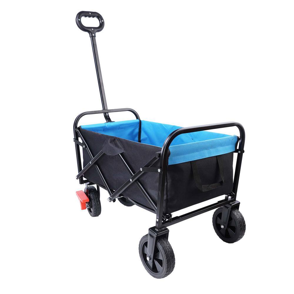 1.3 cu.ft. Mini Folding Wagon, Metal Garden Cart, Beach Shopping (Black and Blue and Brake) - Hercitys