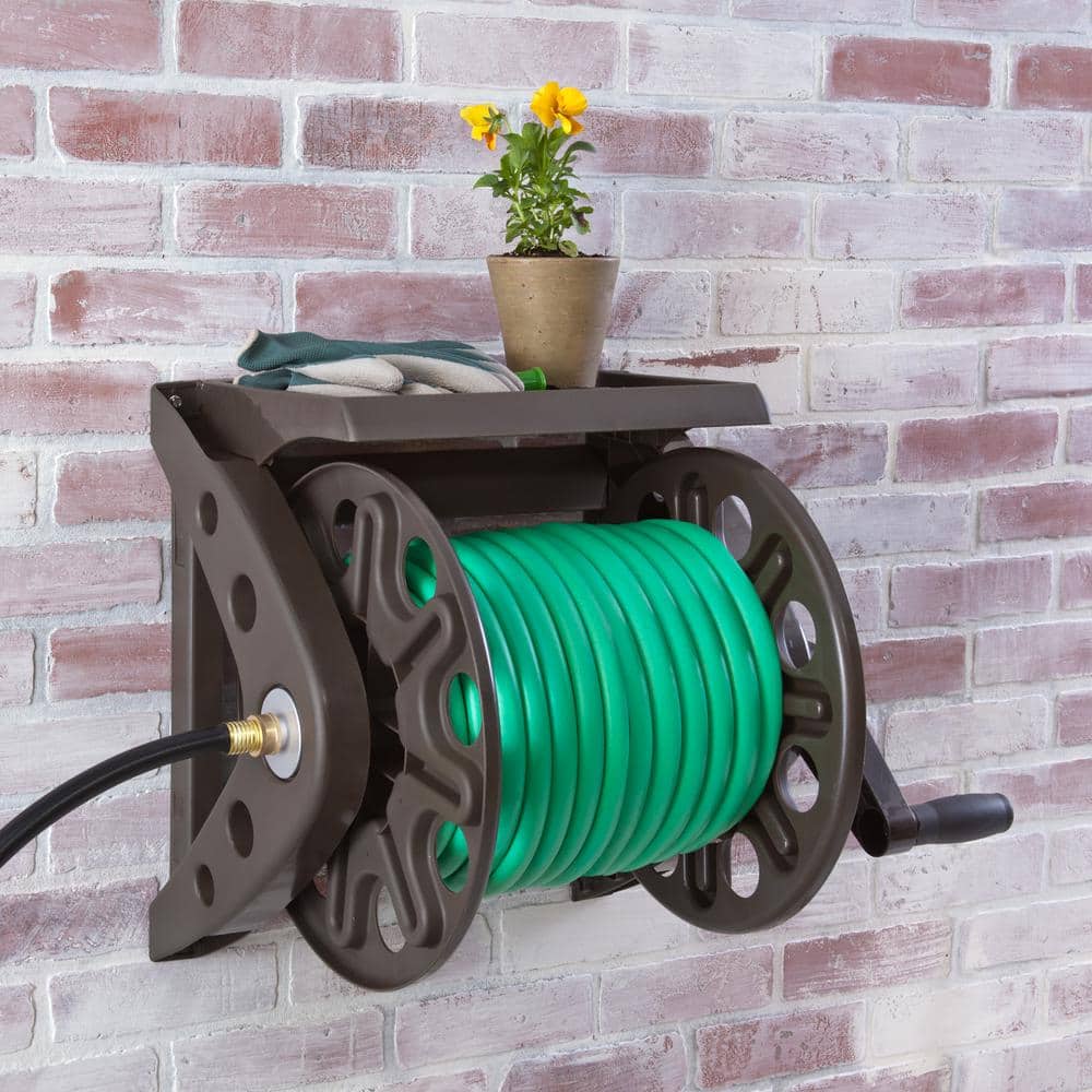200 ft.  Bronze Resin With Shelf Wall Mounted Garden Hose Reel - Hercitys