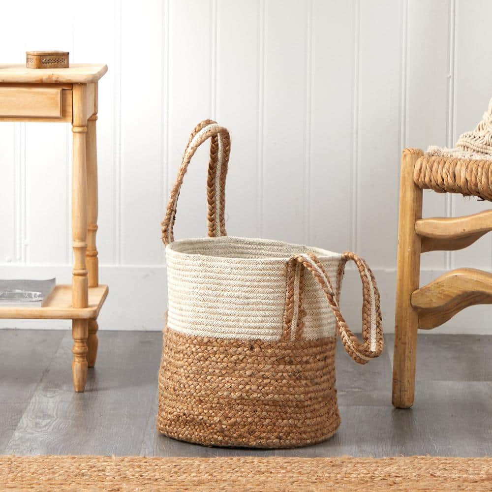 14 in. Beige Jute and Natural Cotton Boho Chic Basket Planter with Handles - Hercitys