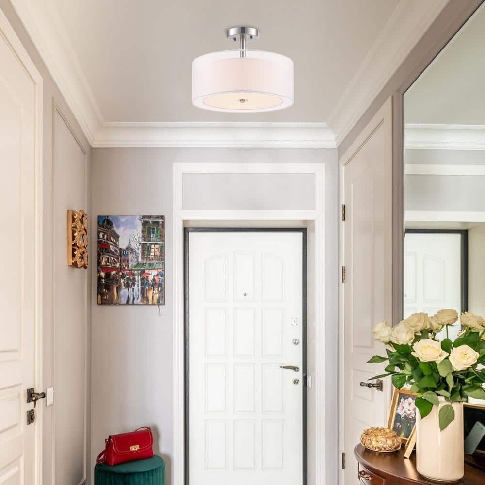 13 in. 3-Light Brushed Nickel Semi-Flush Mount with Double Fabric Shades - Hercitys