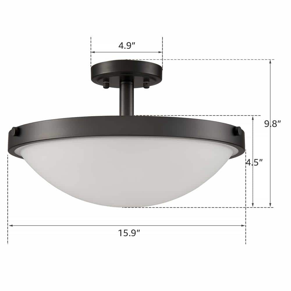 15.9 in. 3-Light Black Modern Semi-Flush Mount with Frosted Glass Shade and No Bulbs Included - Hercitys