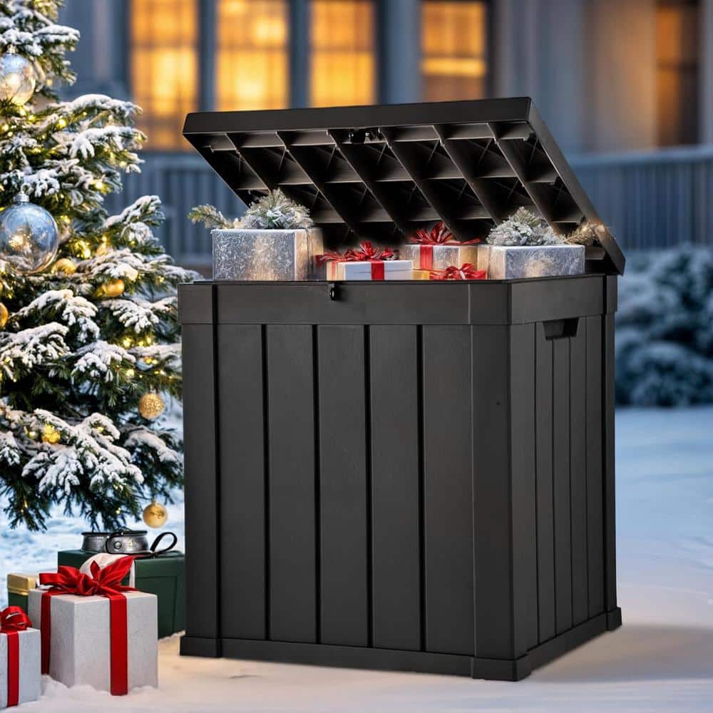 51 Gal. Black Weather Resistant Resin Deck Box with Lockable Lid and Side Handles - Hercitys