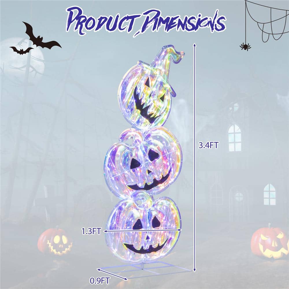 40.8 in. Prelit Plug in Halloween Stacked Pumpkins 150 LED Lighted with Base Standing Halloween Yard Sign - Hercitys