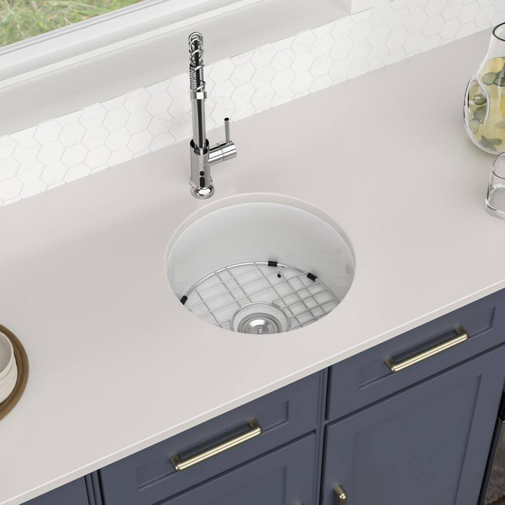 18 in. Fireclay Undermount Round Bar Sink with Bottom Grid and Drain Assembly - Hercitys