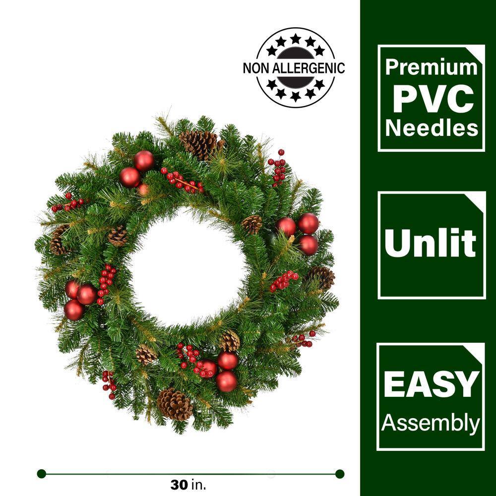 30 in. Joyful Artificial Christmas Wreath with Pinecones, Berries and Ornaments - Hercitys