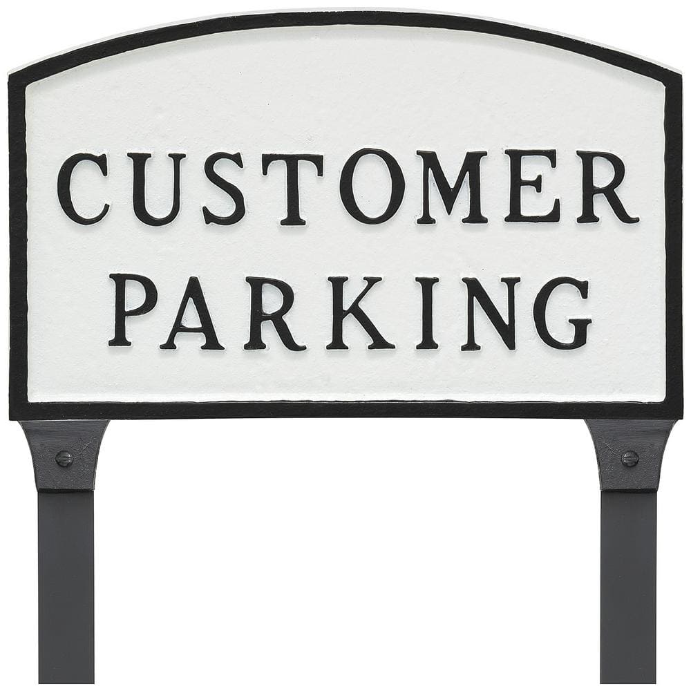 10 in. x 15 in. Standard Arch Customer Parking Statement Plaque Sign with 23 in. Lawn Stakes – White/Black - Hercitys