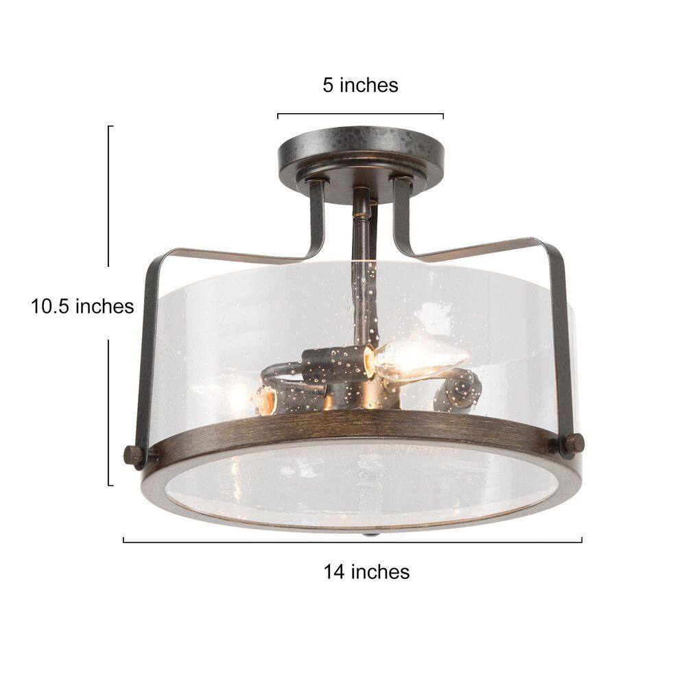 14 in. 3-Light Black Semi-Flush Mount Ceiling Light with Seeded Glass Shade - Hercitys