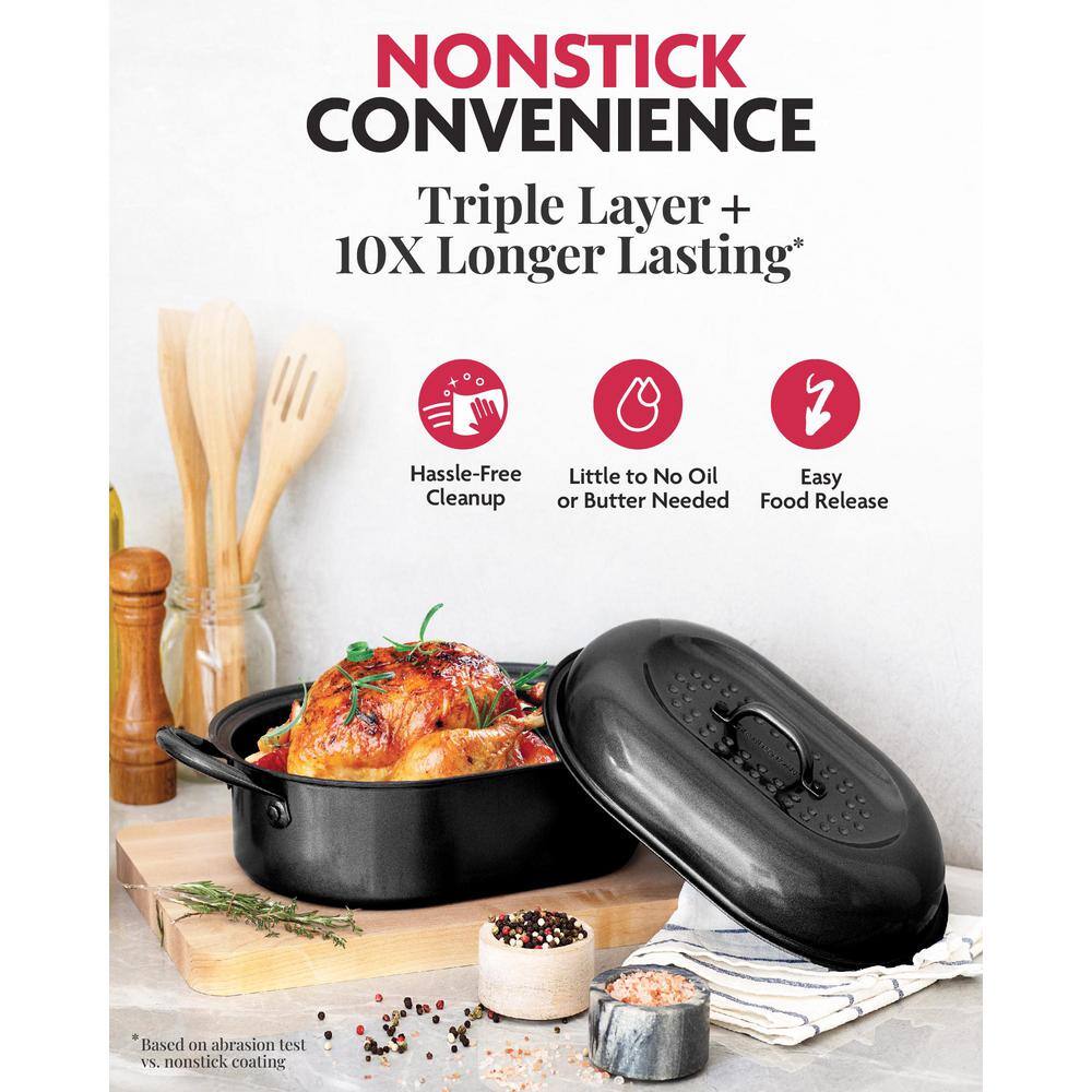 3.7 qt. Aluminum Nonstick Diamond Infused Coating Covered Oval Roasting Pan with Lid - Hercitys