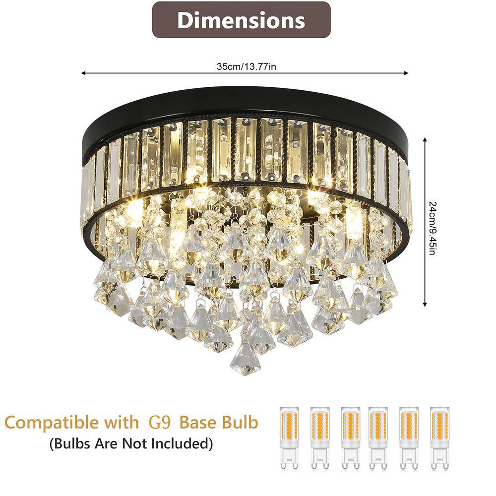 13.77 in. 6-Light Black Modern Round Flush Mount Ceiling Light with Clear Crystal Shade and No Bulbs Included - Hercitys