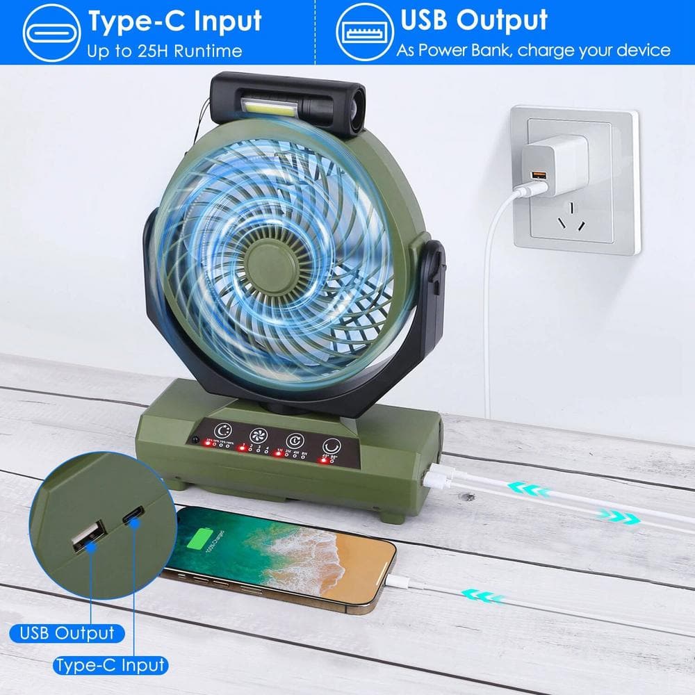 20000mAh 7 in. 4 Fan Speeds Desk Fan in Green with Flashlight Hanging Hook, Remote Control, Power Bank and Timer Speed - Hercitys