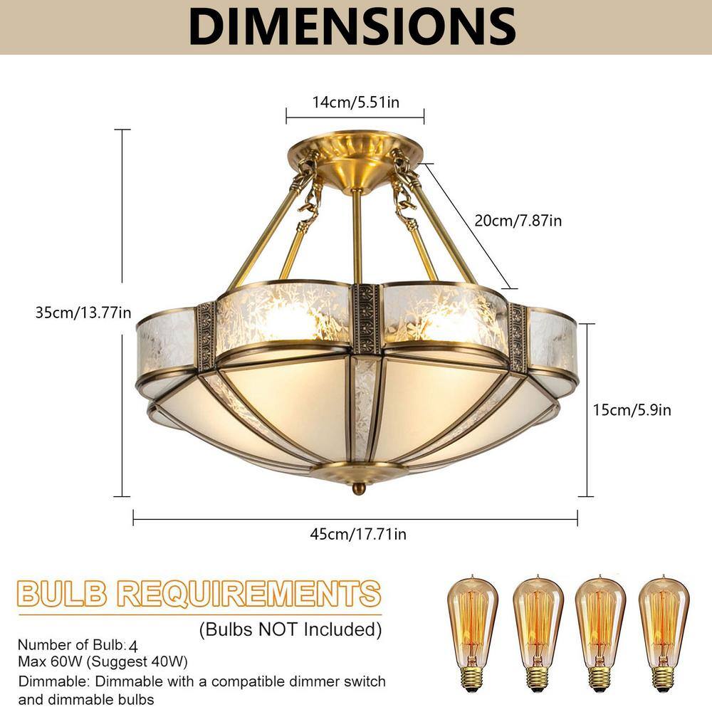 17.71 in. 4-Light Gold Retro Flower-Shaped Semi-Flush Mount Ceiling Light with Glass Shade, No Bulbs Included - Hercitys