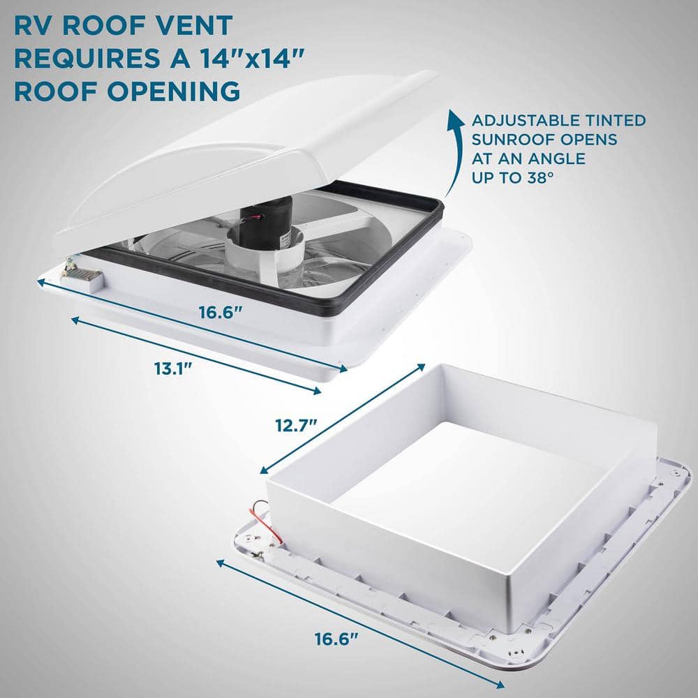 3.75 in. x 14 in. Manual RV Roof Vent Fan with 3-Speeds and LED Light – White - Hercitys