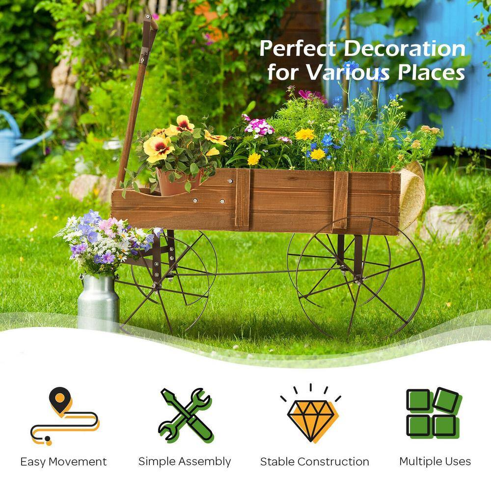 24.5 in. L x 13.5 in. W x 24 in. H Brown Solid Wood Wheelbarrow Planter Box, Raised Beds - Hercitys