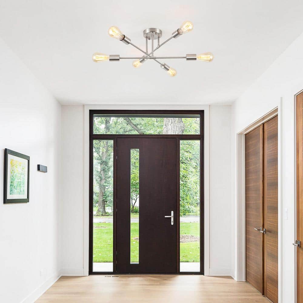 20.66 in. 6-Light Modern Nickel Semi- Flush Mount for Bedroom Foyer with No Bulbs Included - Hercitys