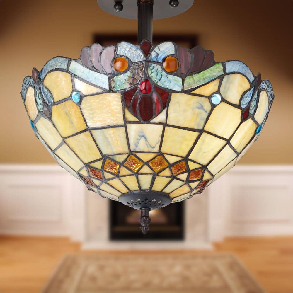 13 in. Tiffany Stained Glass Semi-Flush Mount Ceiling Light with Red and Amber Bowl Shade - Hercitys