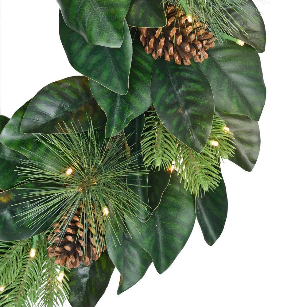 24 in. Green Prelit Magnolia Artificial Christmas Wreath with Pinecones - Hercitys