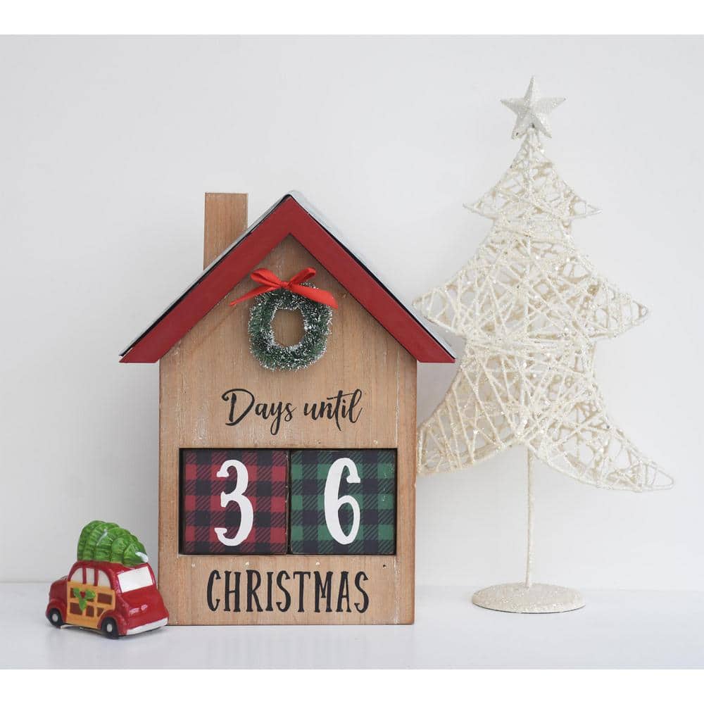 10 in. Brown Wood and Metal House Shaped Christmas Countdown Calendar with Changeable Numbers - Hercitys