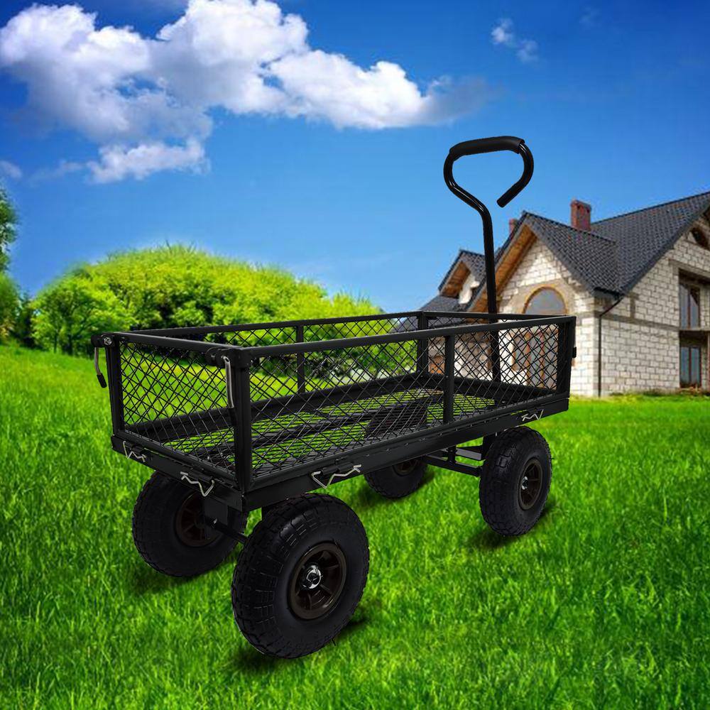3 cu. ft. Removable Sides Steel Mesh Garden Cart with Pneumatic Wheels, 300 lbs. Capacity, Black - Hercitys