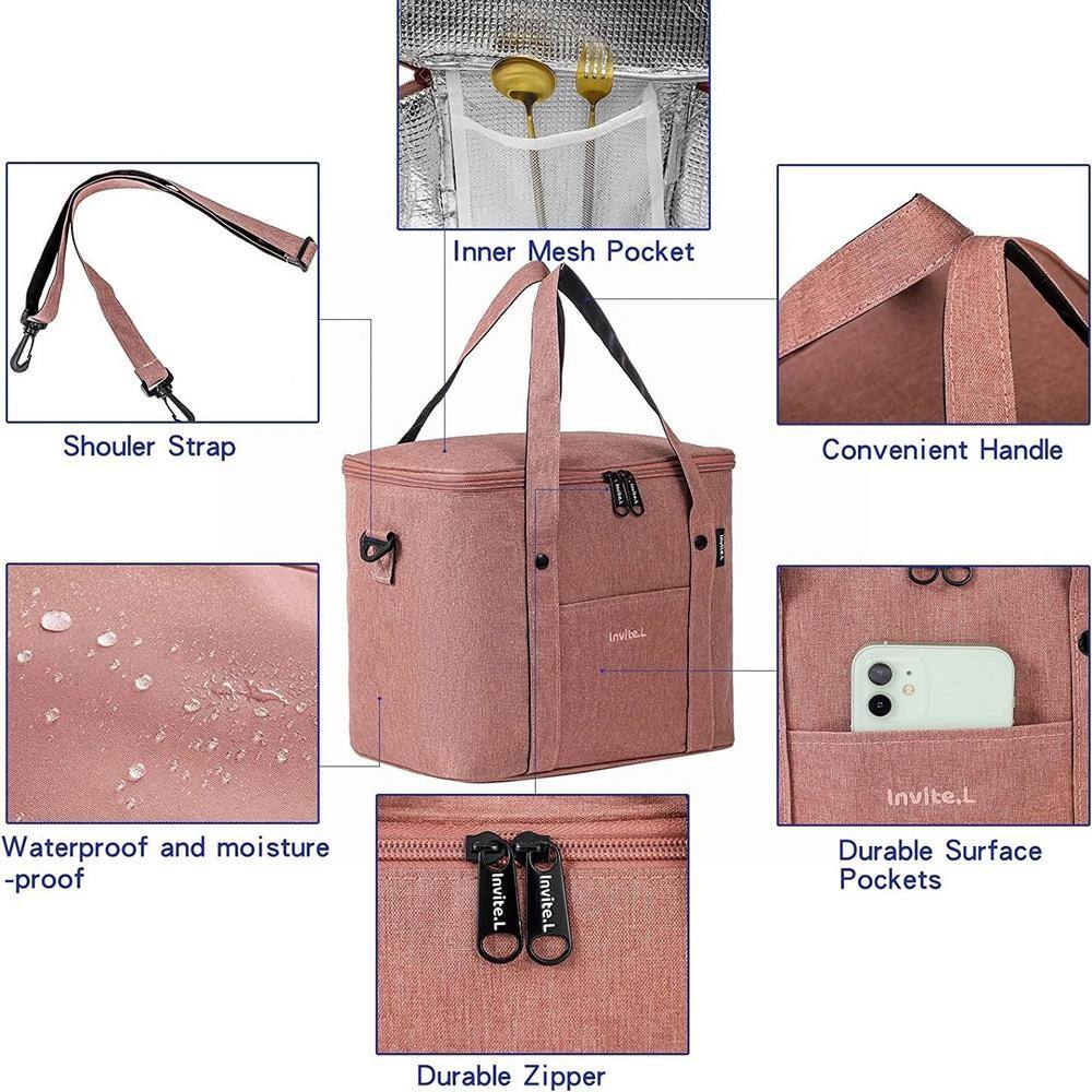 13 Qt. Insulated Cooler Lunch Bag with Leakproof and Shoulder Strap in Pink - Hercitys