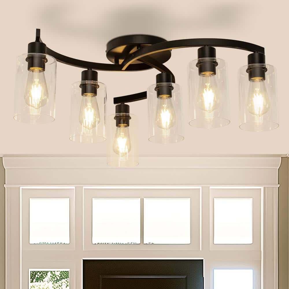 20.5 in. Black Semi-Flush Mount, 6-Light Industrial Ceiling Light, Hallway Light Fixtures with Clear Glass Shades - Hercitys