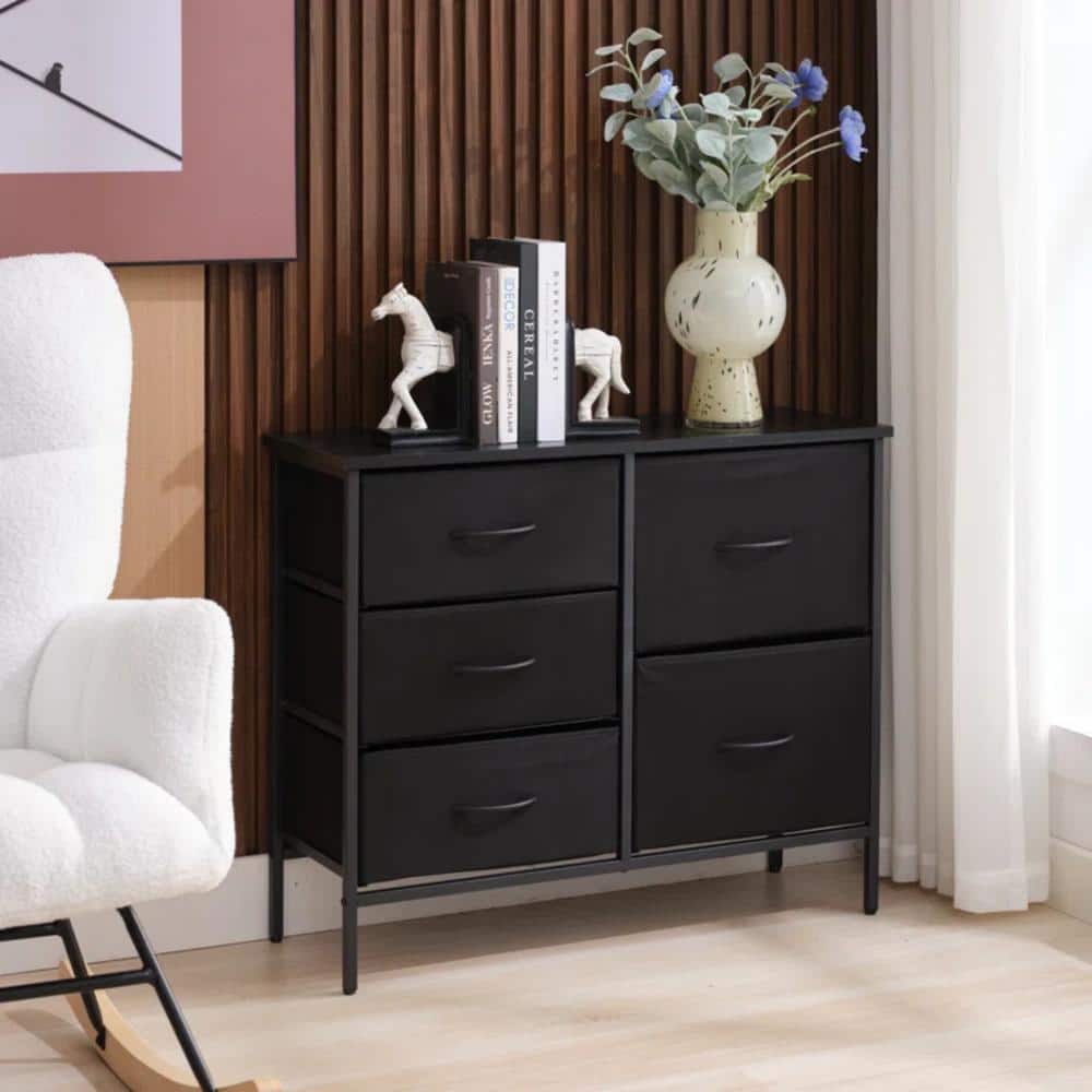 31.5 in. W x 27.25 in. H x 11.75 in. D Black Fabric 5-Drawer Storage Dresser Accent Cabinet with 1 Wooden Top Shelf - Hercitys