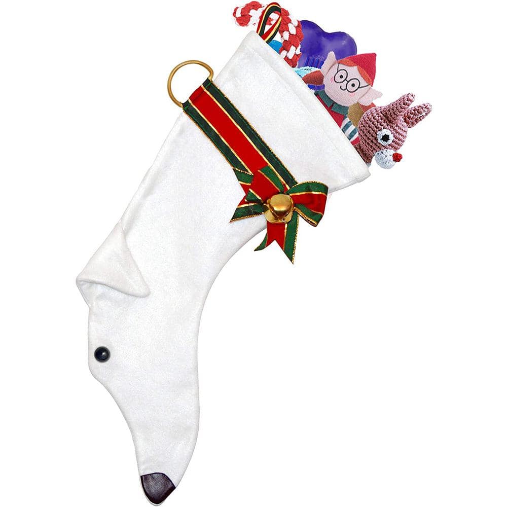 22 in. White Greyhound Dog Faux Fur Christmas Stocking - Hercitys