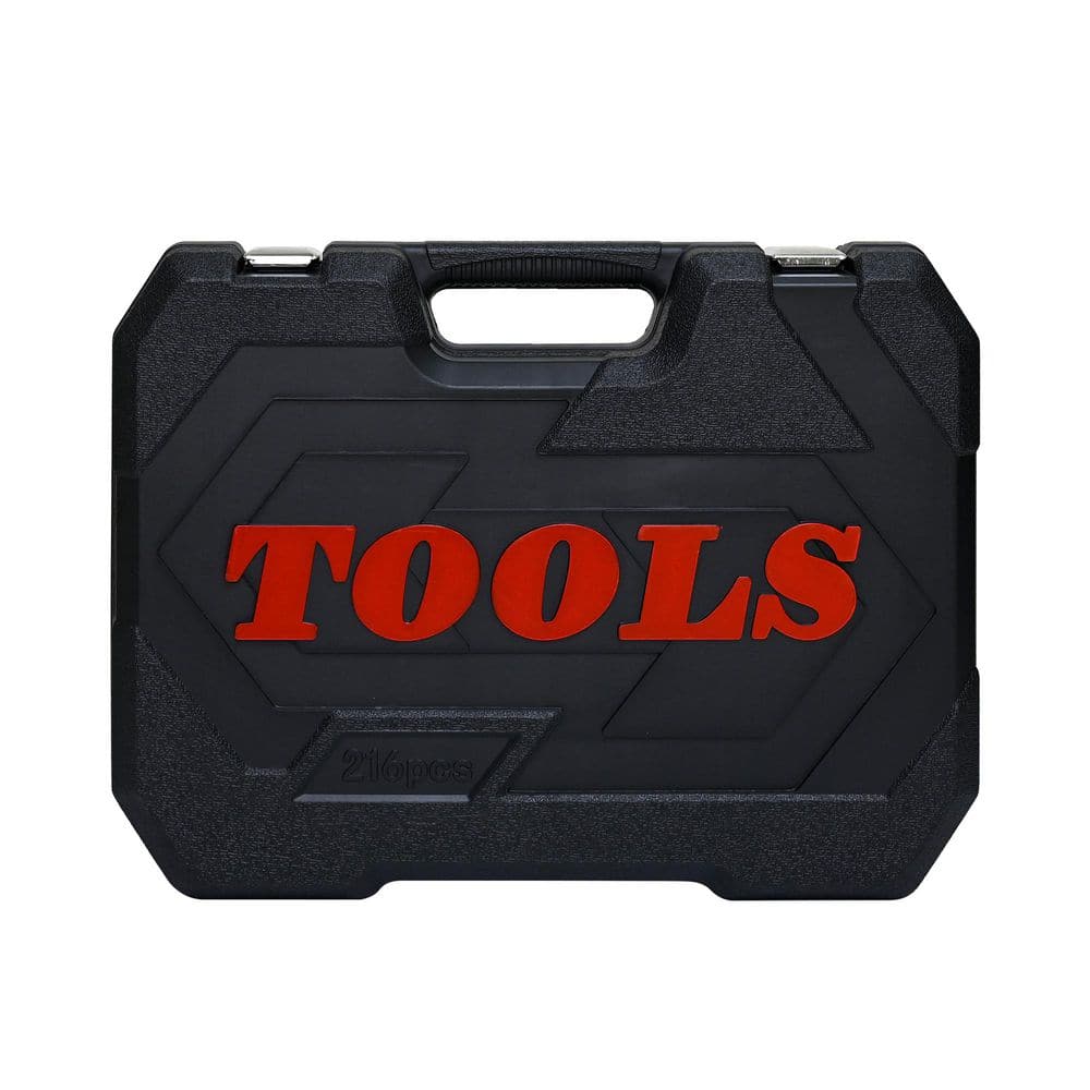 14 in. Black Carbon Steel Portable Tool Box with 216-Piece Socket Wrench Set and Lockable Case - Hercitys