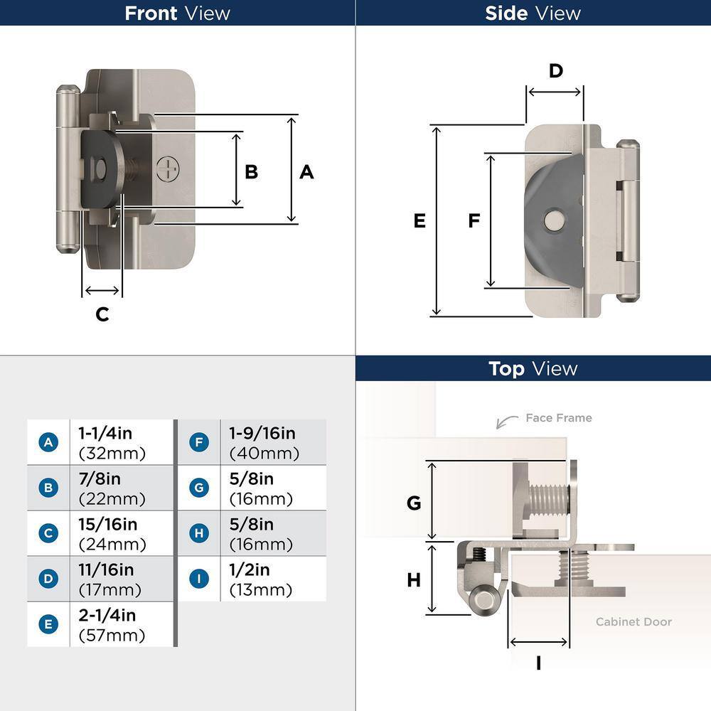 2-Pack Satin Nickel 1/2 in. Overlay Double Demountable Cabinet Hinges - Hercitys