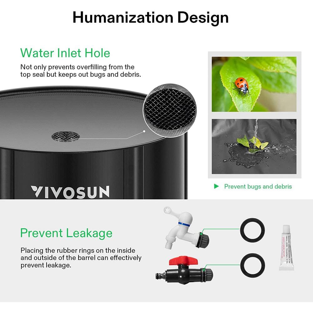 53 Gal. Collapsible Rain Barrel with 2 Spigots and Overflow Kit in Black - Hercitys