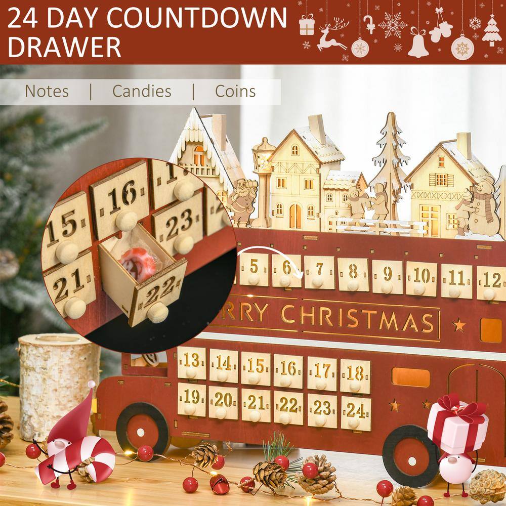 13.5 in. Christmas Village Bus Advent Calendar with Light Up Table and Countdown Drawer - Hercitys