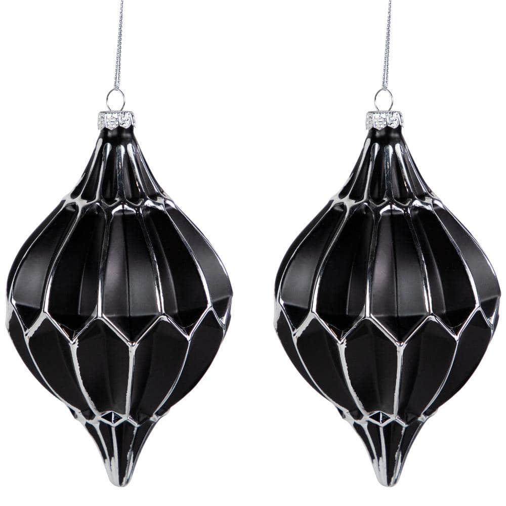 5 in. Matte Black and Silver Finial Christmas Glass Ornaments (Set of 2) - Hercitys